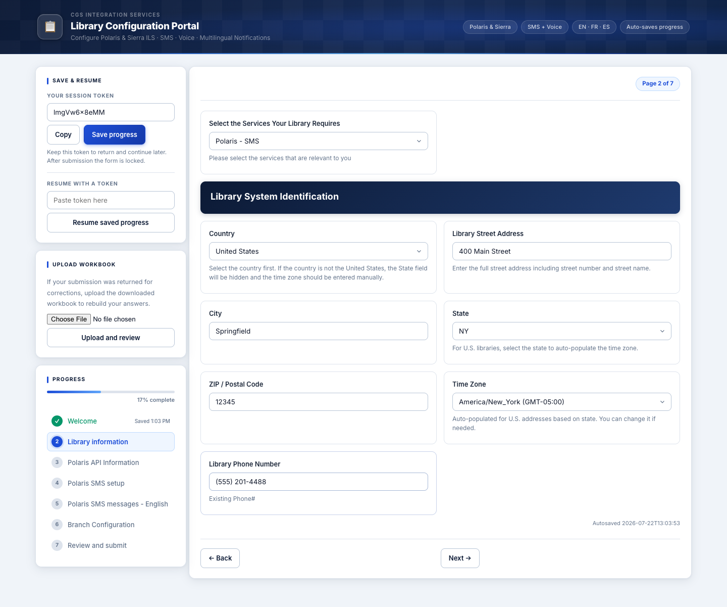 Library information page with service selected and address filled in