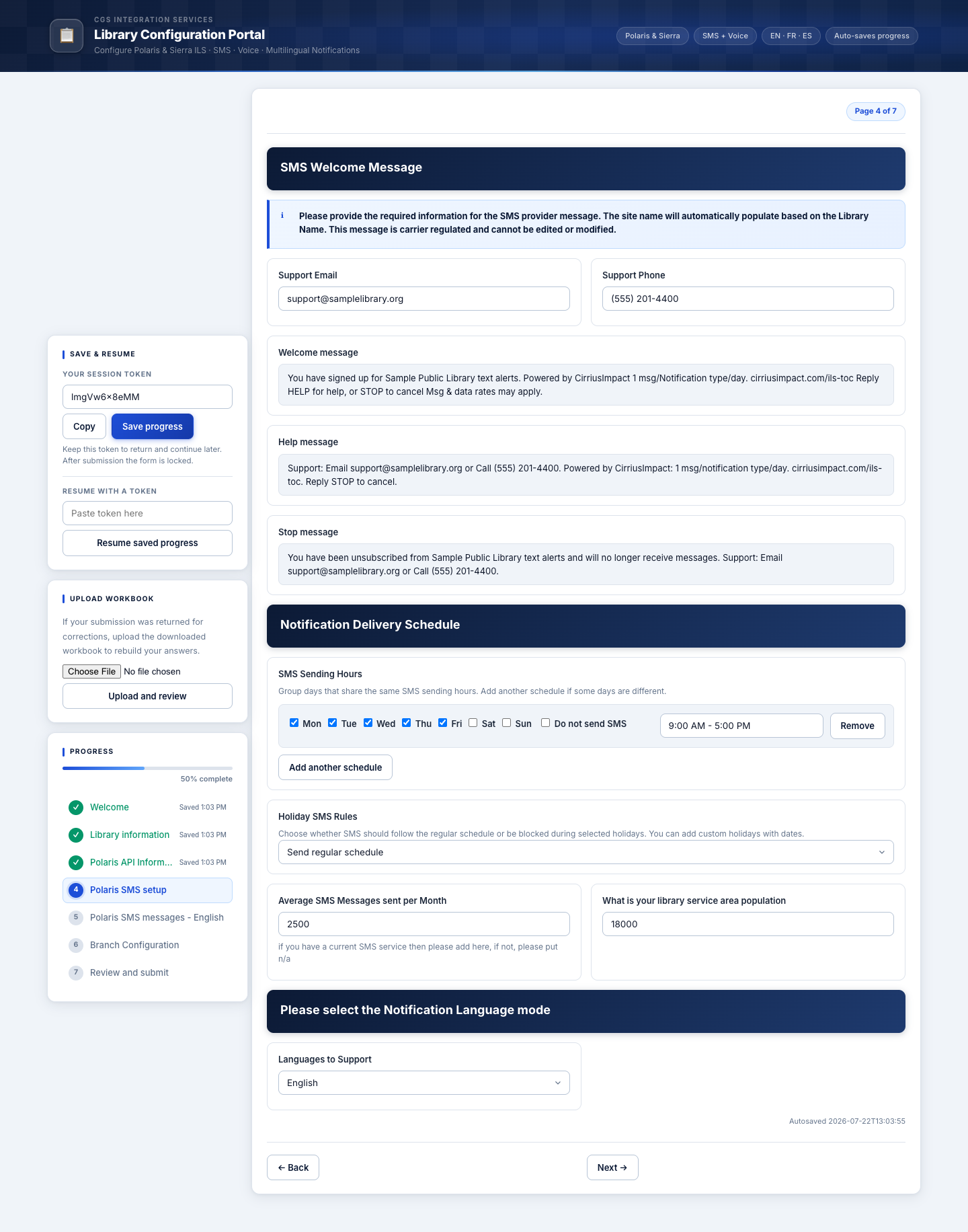 SMS setup page with support contact info and message volume fields