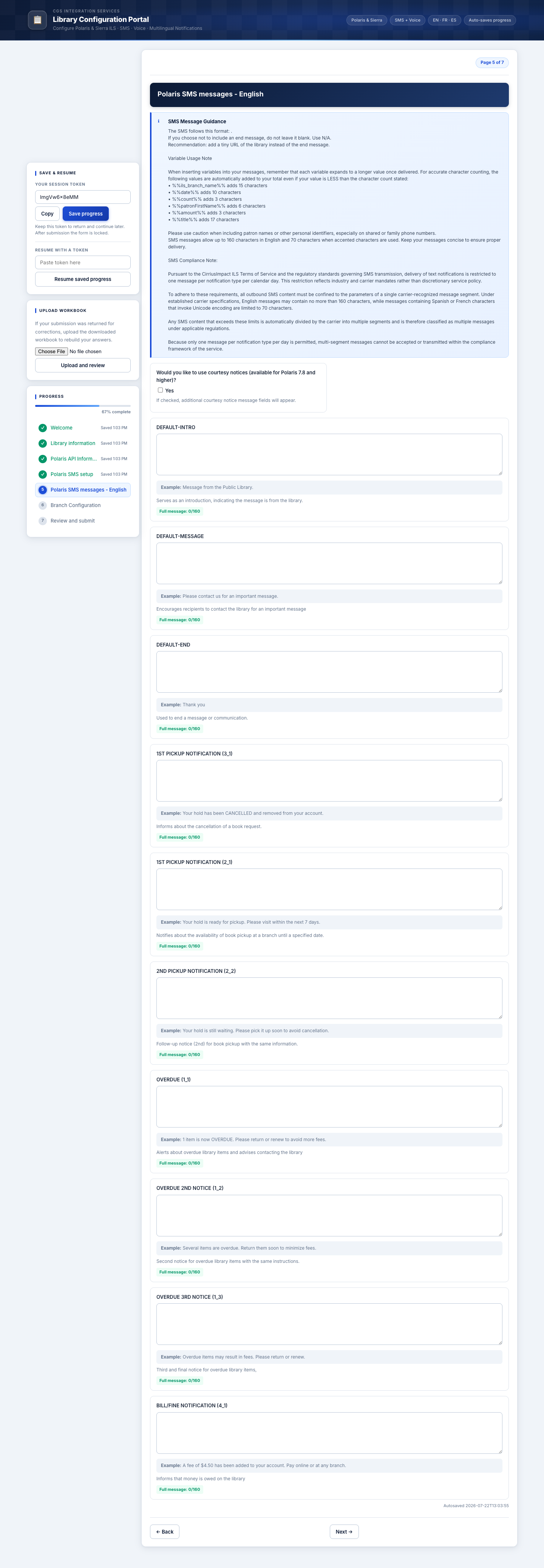 SMS messages page for customizing per-notification wording in a selected language