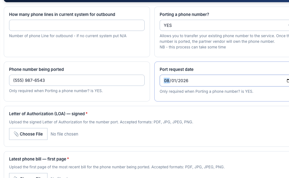 Porting a phone number fields: phone number, port request date, LOA upload, and bill upload