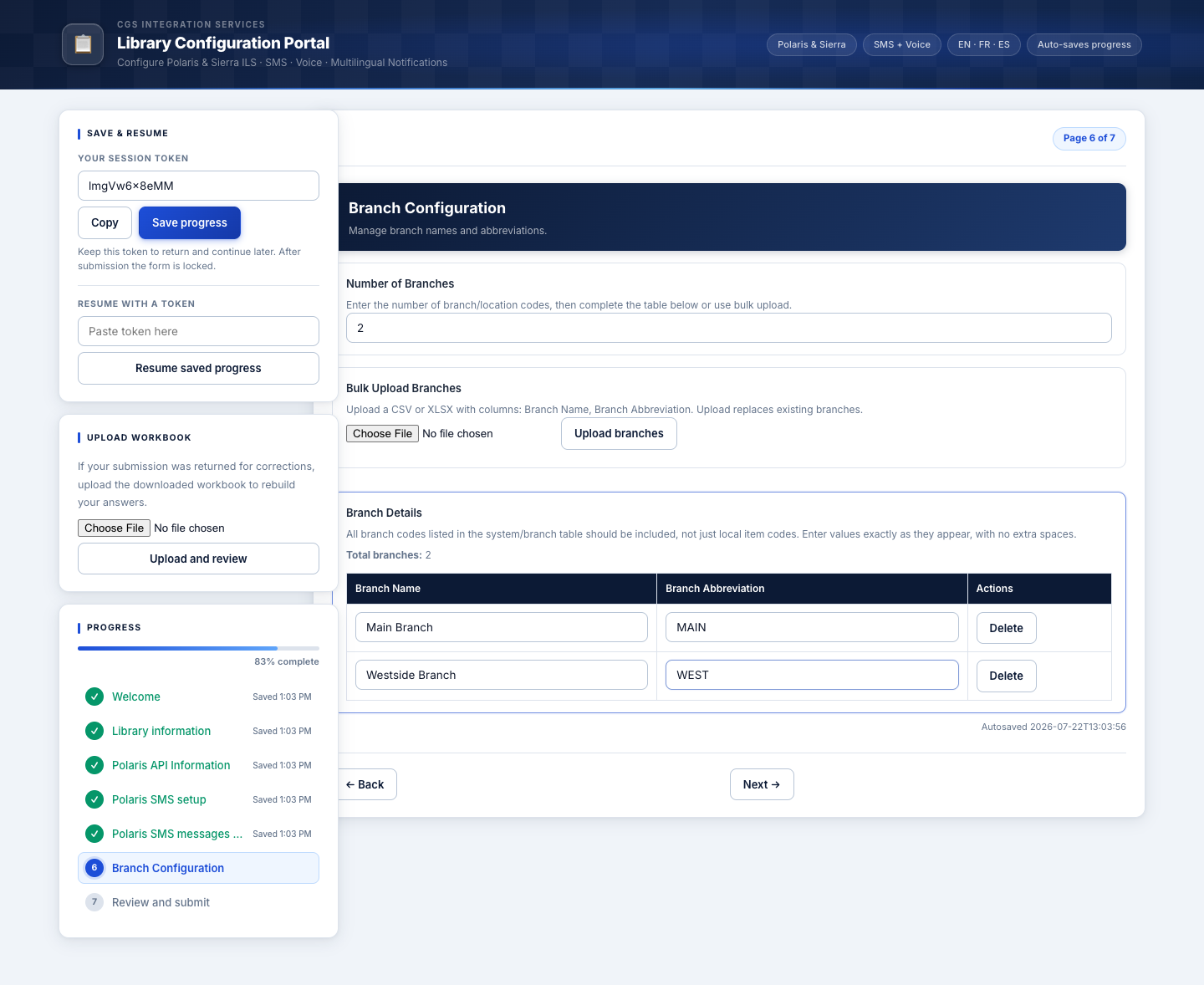 Branch configuration page with two branches entered in the branch table