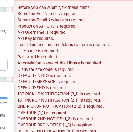 Checklist of missing required fields shown on the Review page