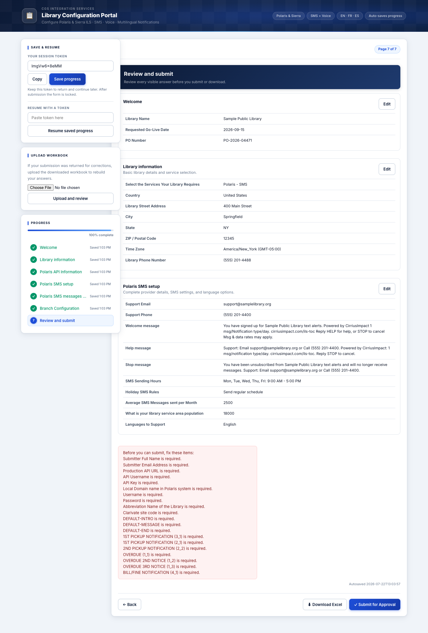 Review and submit page showing all sections, a missing-items checklist, and the download/submit buttons