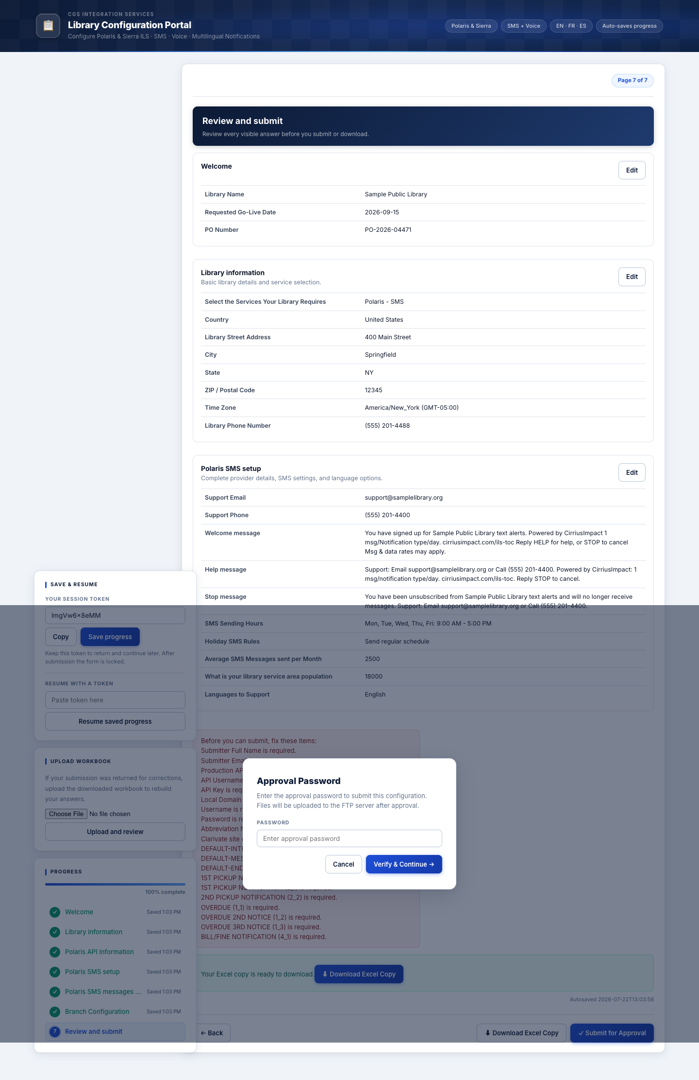 Approval password modal shown after clicking Submit for Approval