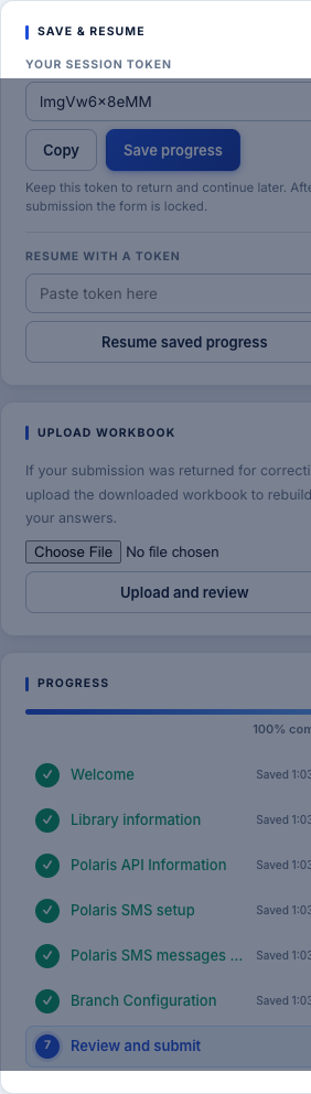 Sidebar showing the progress tracker, session token, save/resume controls, and upload option